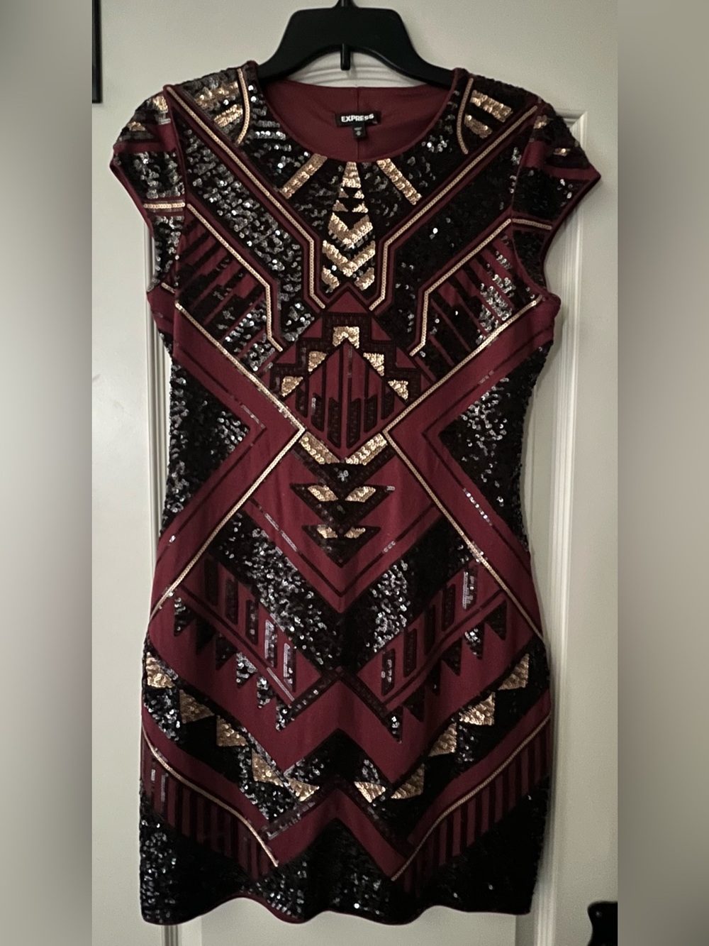 Express Burgundy Sequin Geometric Sheath Dress with Gold & Black Accents